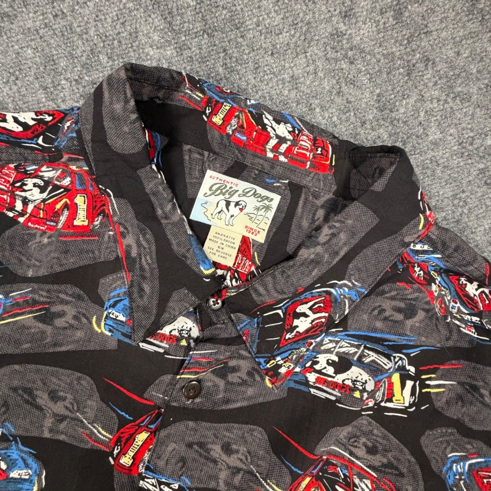 Big Dogs Mens 5X Race Car Graphic Print Rayon Button Up Shirt Black S/S 0573